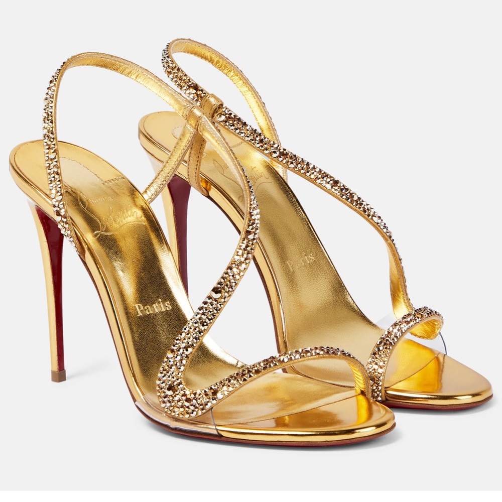 Christian Louboutin Rosalie Strass 100 Gold Ankle Strap Sandal Heel Pump 39 9 US